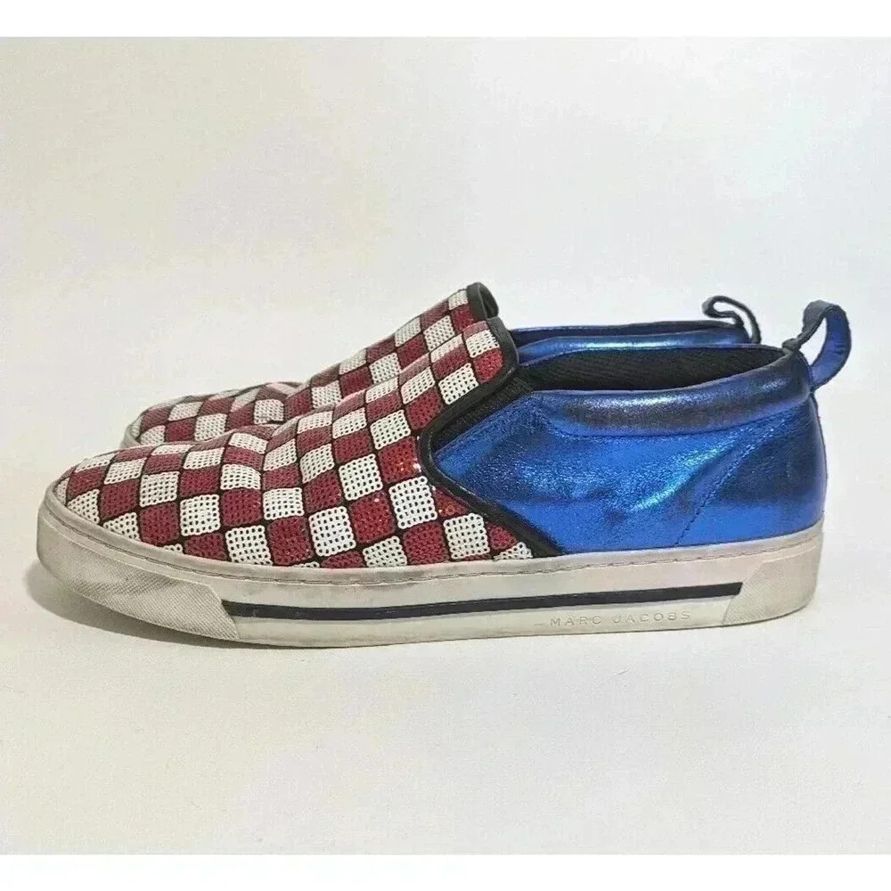 Marc Jacobs Mercer Red White Blue Sequin Checkered Slip On Sneakers Sz 39 July 4
